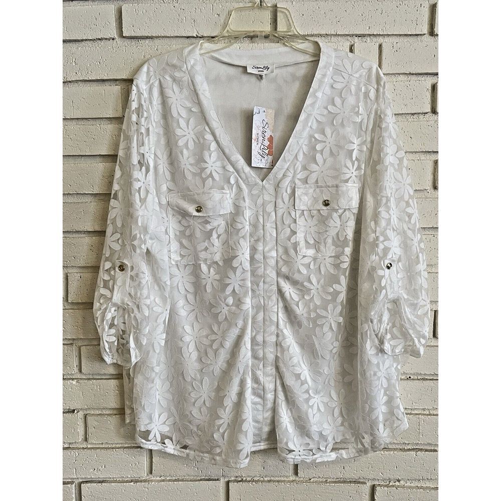 NWT Siren Lily Women size‎ 2X Sheer Floral Top White 3/4 Sleeve